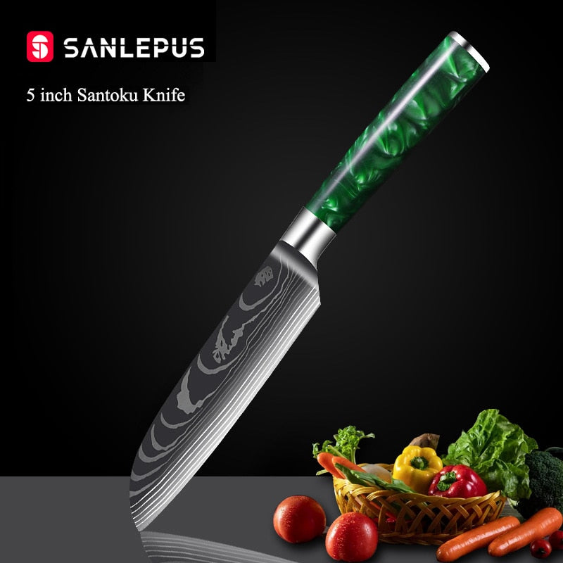 10-Piece Kitchen Knife Set – Laser-Engraved Damascus Pattern