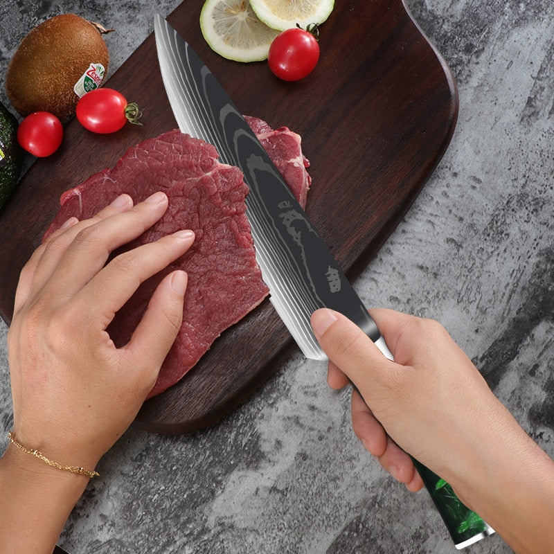 10-Piece Kitchen Knife Set – Laser-Engraved Damascus Pattern