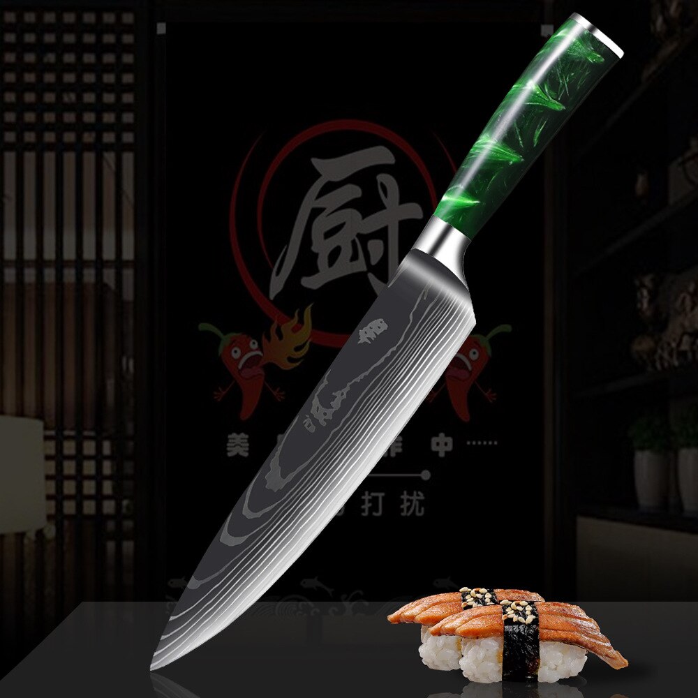 10-Piece Kitchen Knife Set – Laser-Engraved Damascus Pattern