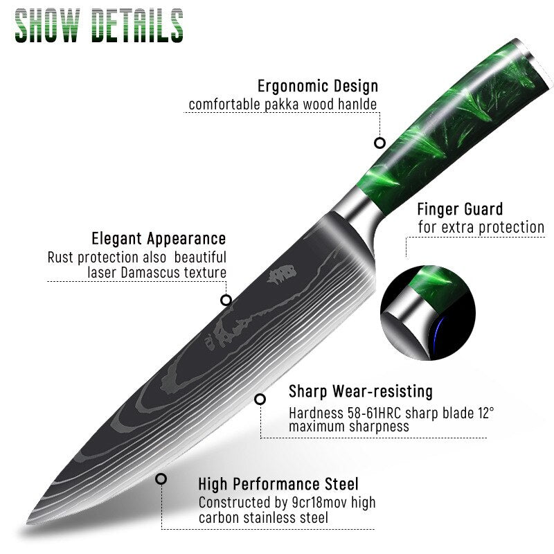 10-Piece Kitchen Knife Set – Laser-Engraved Damascus Pattern