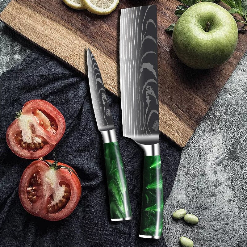 10-Piece Kitchen Knife Set – Laser-Engraved Damascus Pattern