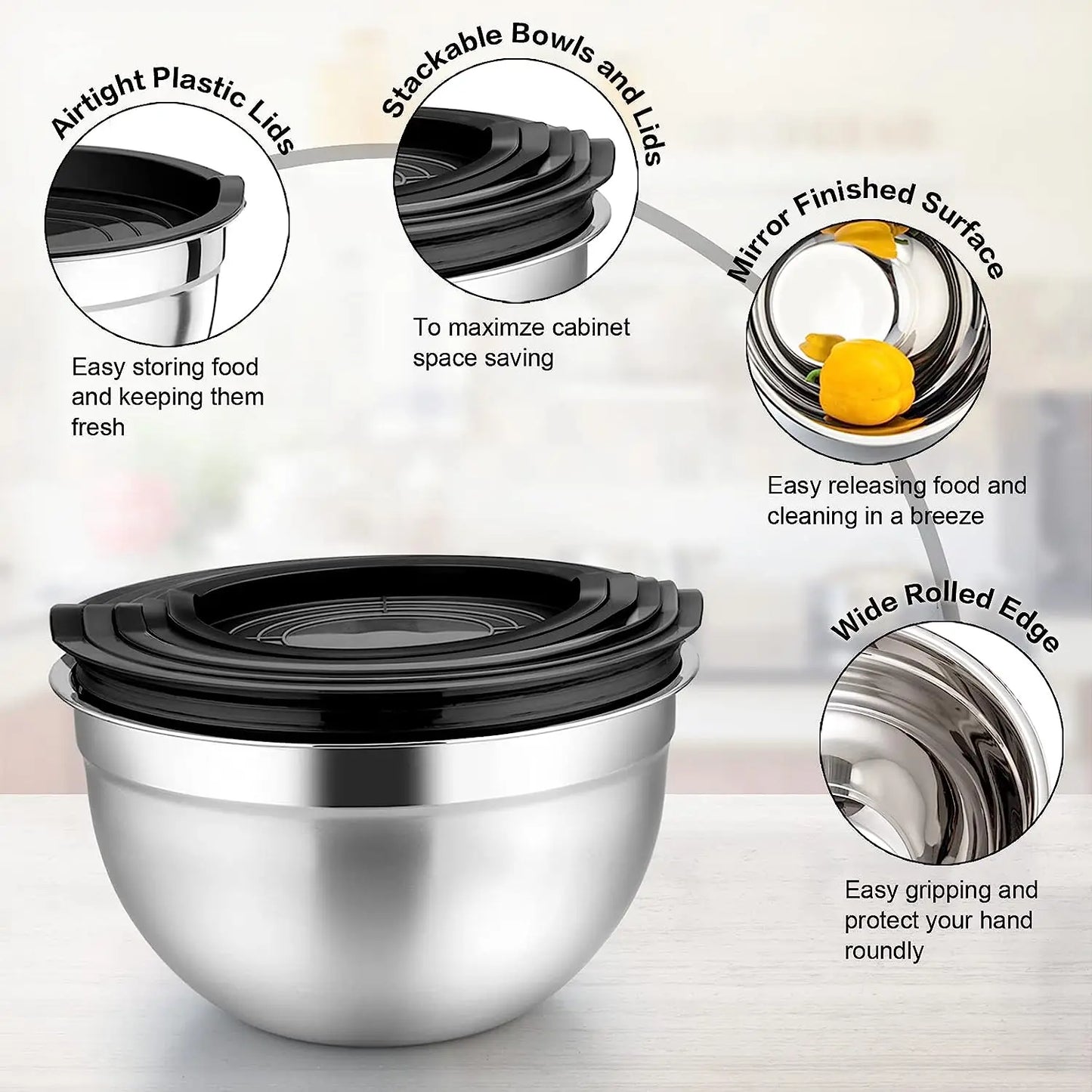 5-Piece Stainless Steel Mixing Bowl Set with Airtight Lids | Heavy-Duty Nesting Bowls for Baking and Serving