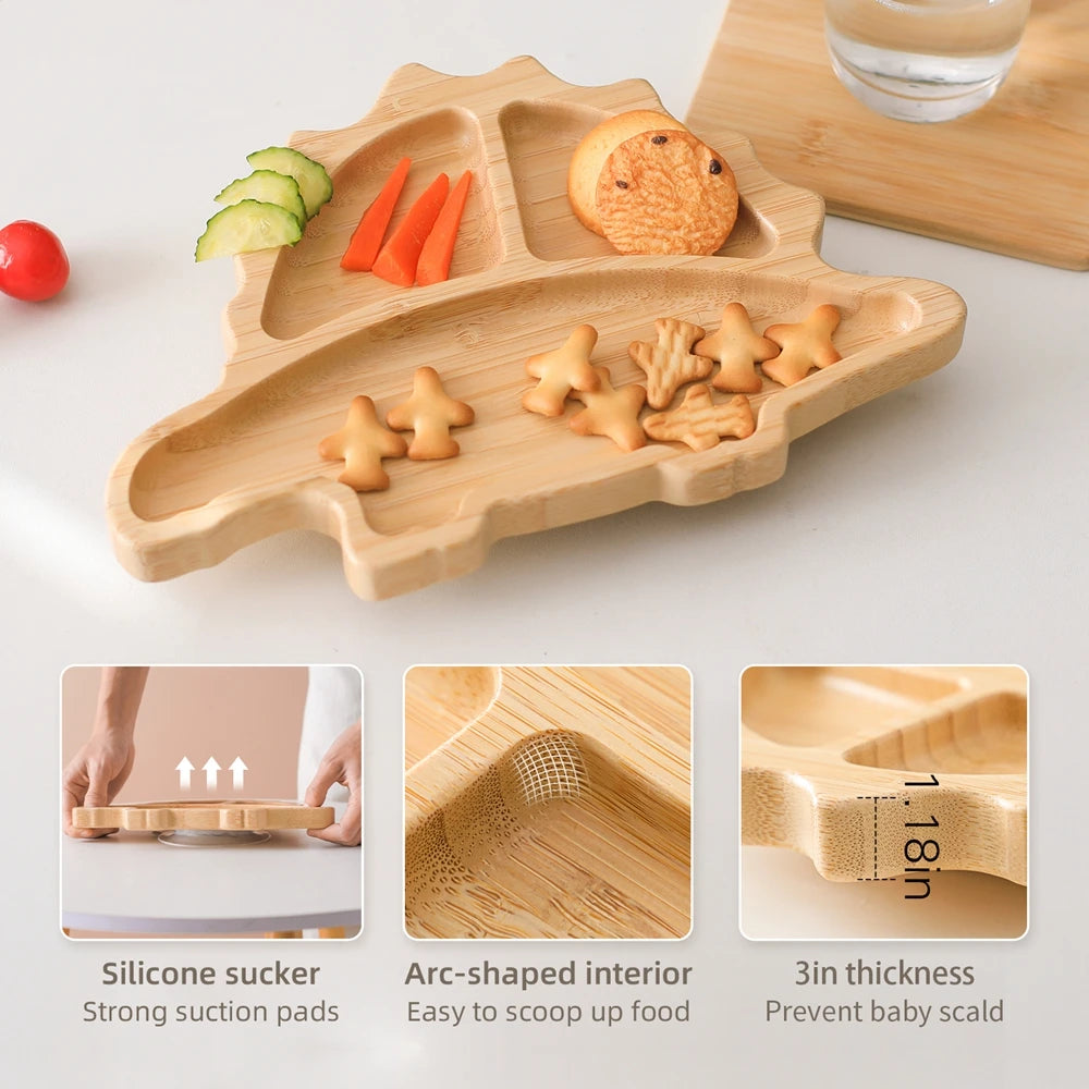 Bamboo Baby Feeding Tableware Set with Silicone Suction Cups – Kid-Friendly Dinosaur Dinner Plate, Bowl, Fork, Spoon, and Cup