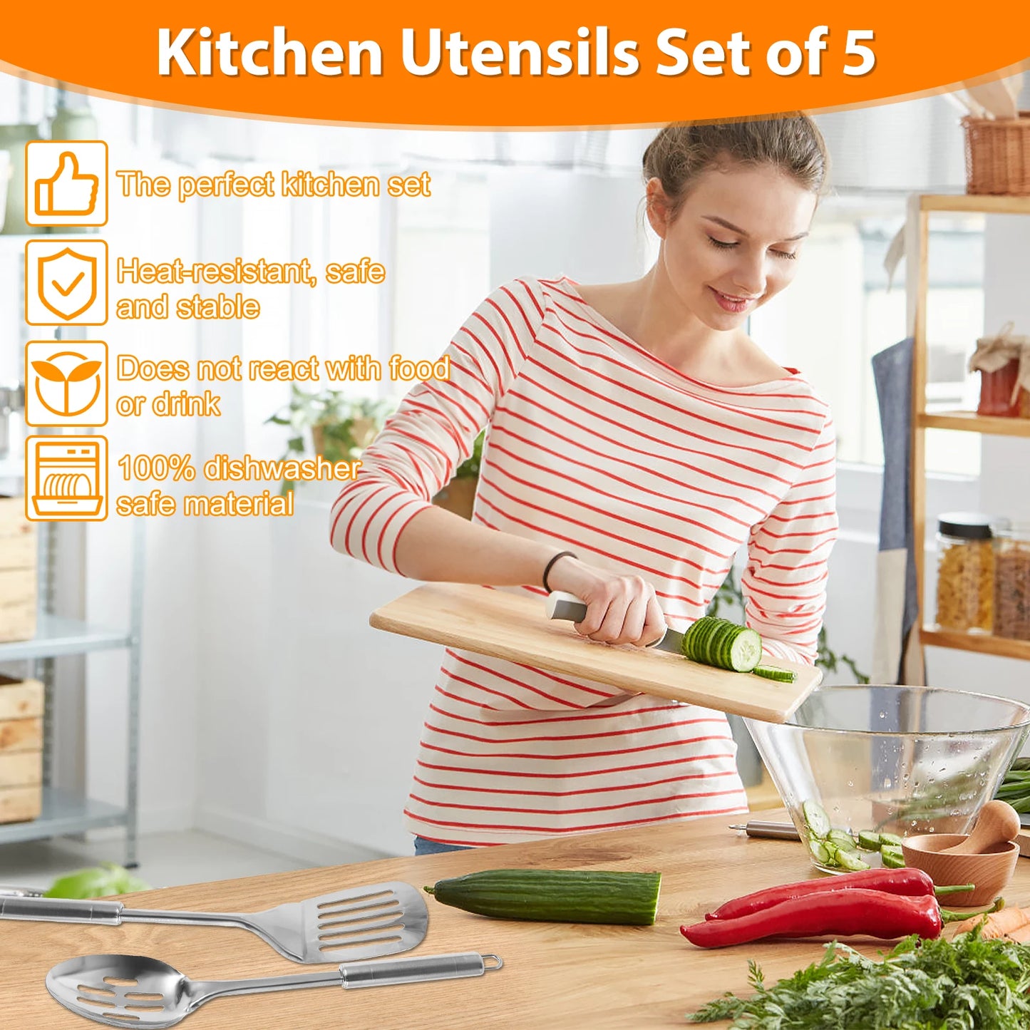 5-Piece Stainless Steel Kitchen Cooking Utensils Set | Heavy-Duty Reusable Spoons, Spatula, and Strainer