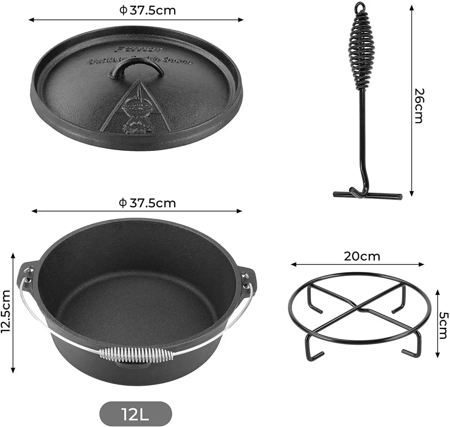 Femor 12L Large Cast Iron Dutch Oven
