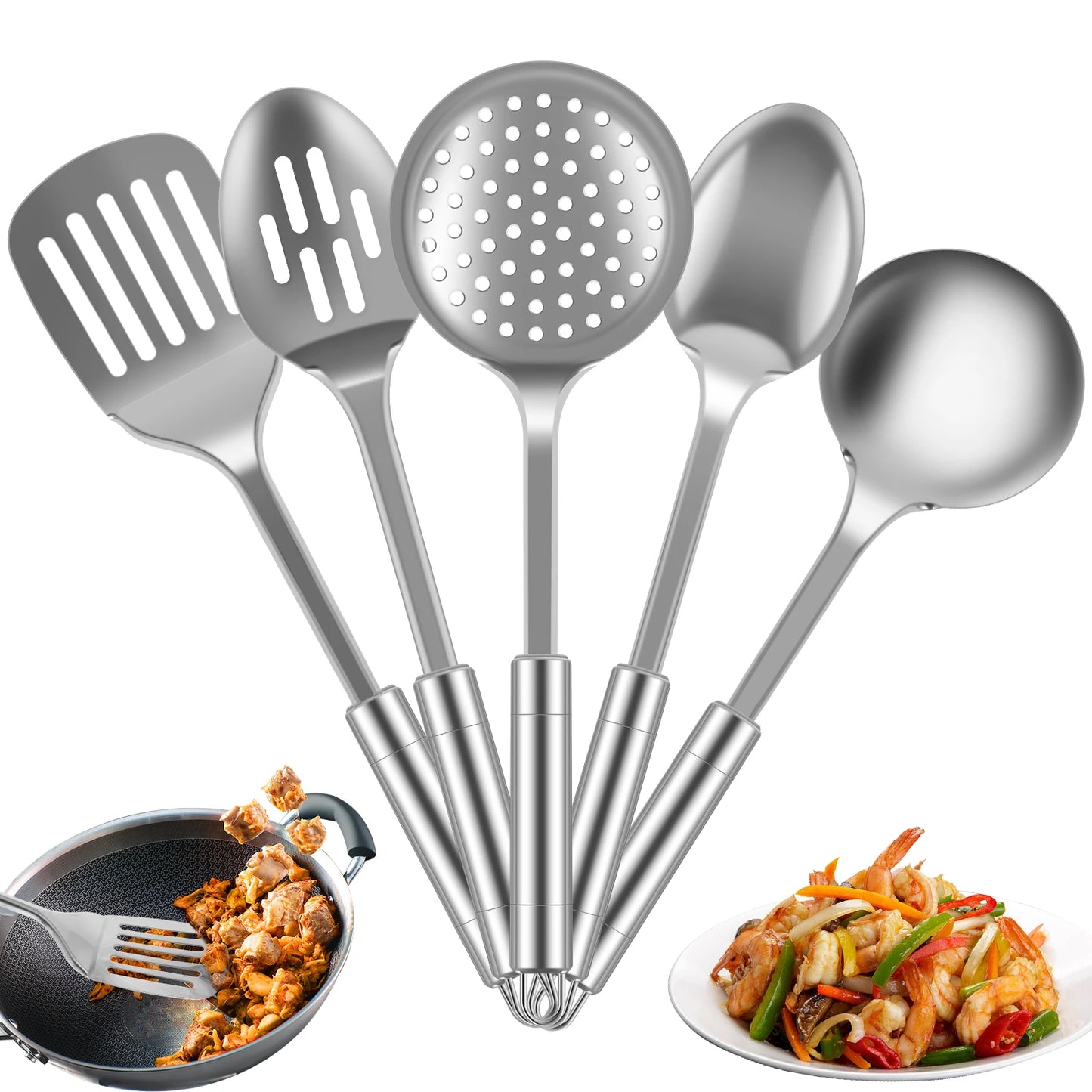 5-Piece Stainless Steel Kitchen Cooking Utensils Set | Heavy-Duty Reusable Spoons, Spatula, and Strainer
