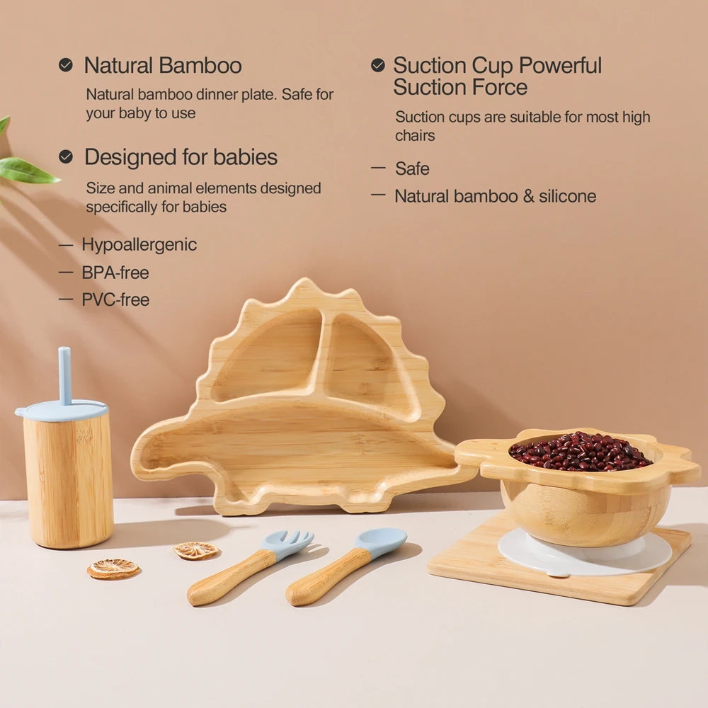 Bamboo Baby Feeding Tableware Set with Silicone Suction Cups – Kid-Friendly Dinosaur Dinner Plate, Bowl, Fork, Spoon, and Cup