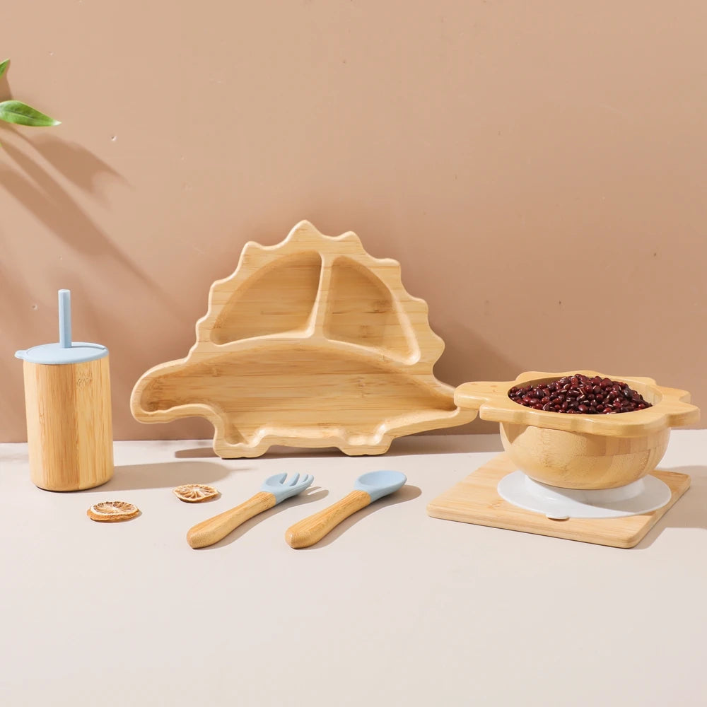 Bamboo Baby Feeding Tableware Set with Silicone Suction Cups – Kid-Friendly Dinosaur Dinner Plate, Bowl, Fork, Spoon, and Cup
