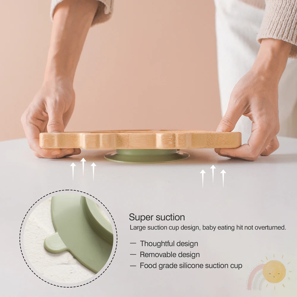 Bamboo Baby Feeding Tableware Set with Silicone Suction Cups – Kid-Friendly Dinosaur Dinner Plate, Bowl, Fork, Spoon, and Cup