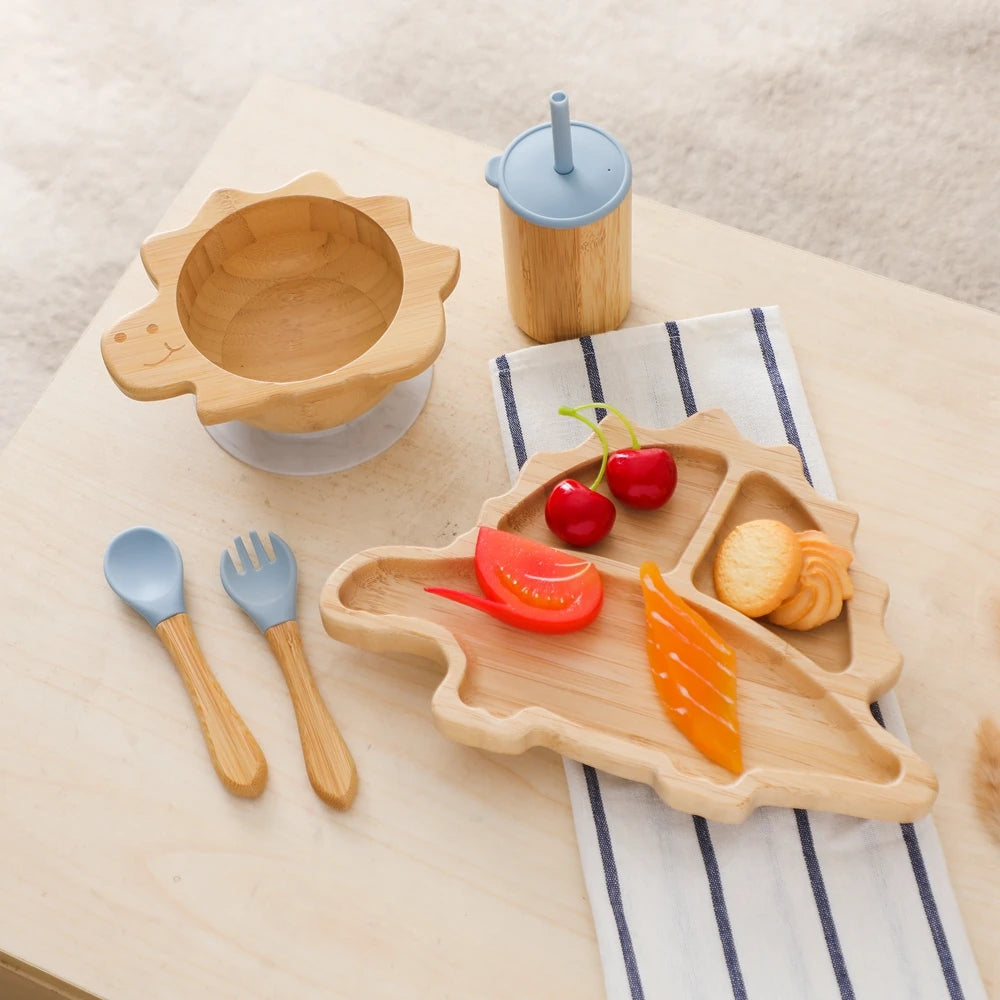Bamboo Baby Feeding Tableware Set with Silicone Suction Cups – Kid-Friendly Dinosaur Dinner Plate, Bowl, Fork, Spoon, and Cup