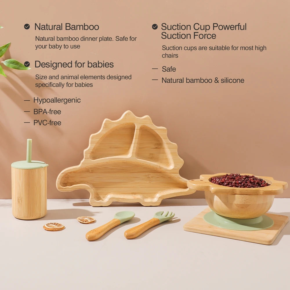 Bamboo Baby Feeding Tableware Set with Silicone Suction Cups – Kid-Friendly Dinosaur Dinner Plate, Bowl, Fork, Spoon, and Cup