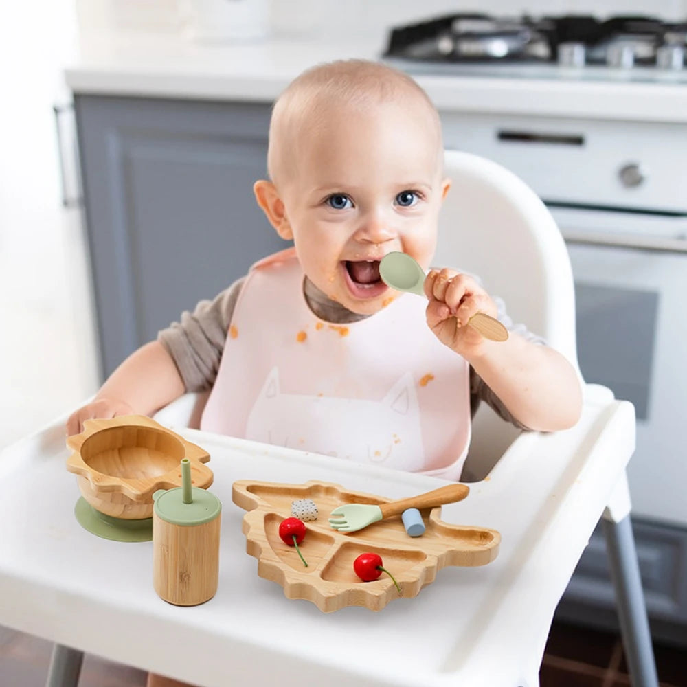 Bamboo Baby Feeding Tableware Set with Silicone Suction Cups – Kid-Friendly Dinosaur Dinner Plate, Bowl, Fork, Spoon, and Cup