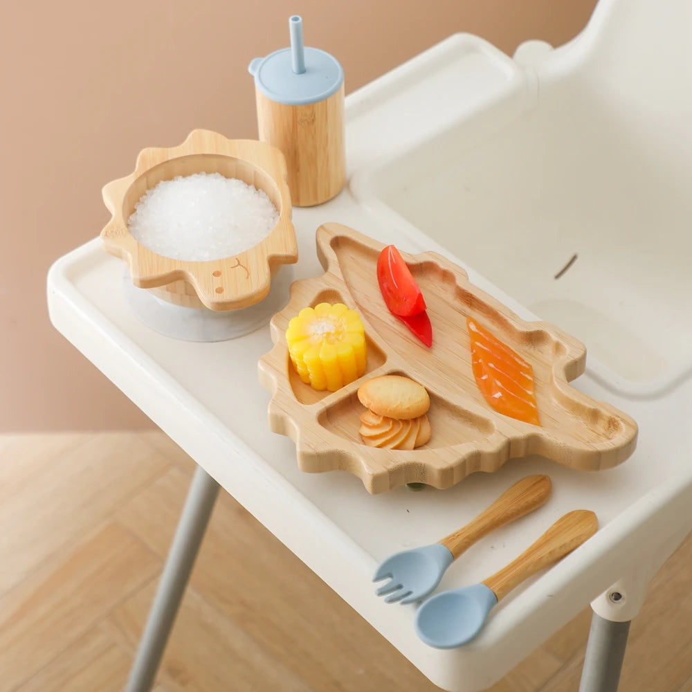 Bamboo Baby Feeding Tableware Set with Silicone Suction Cups – Kid-Friendly Dinosaur Dinner Plate, Bowl, Fork, Spoon, and Cup