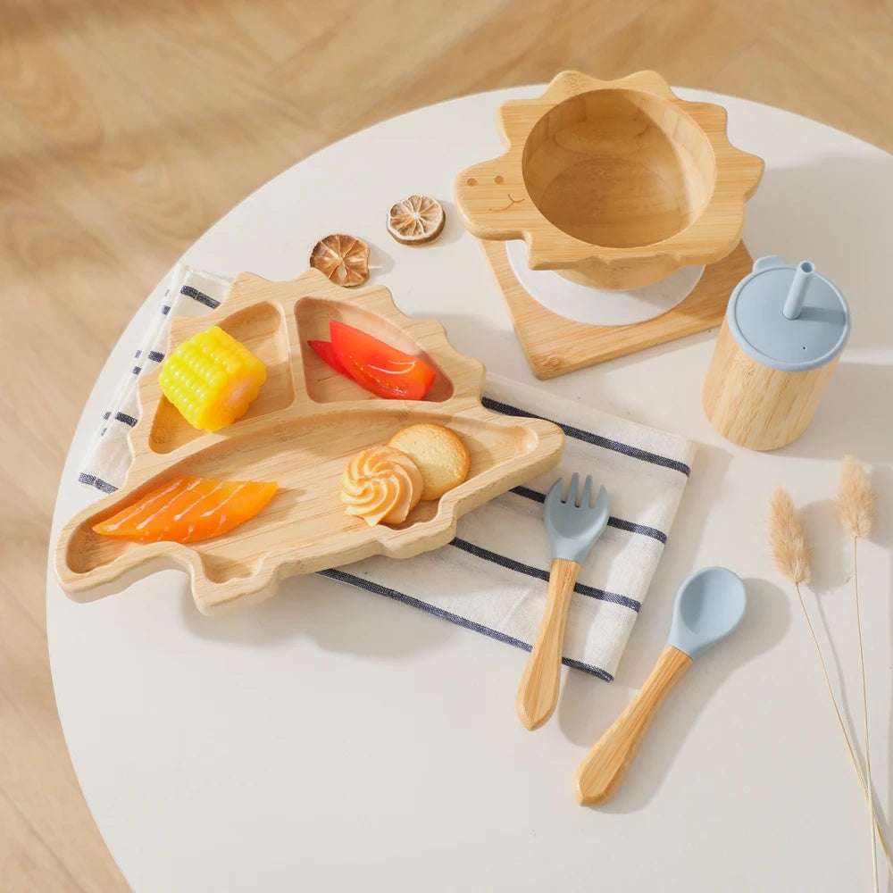 Bamboo Baby Feeding Tableware Set with Silicone Suction Cups – Kid-Friendly Dinosaur Dinner Plate, Bowl, Fork, Spoon, and Cup