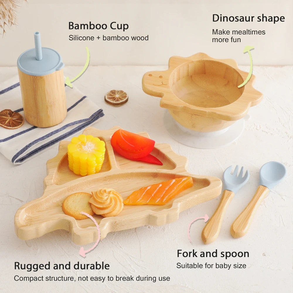 Bamboo Baby Feeding Tableware Set with Silicone Suction Cups – Kid-Friendly Dinosaur Dinner Plate, Bowl, Fork, Spoon, and Cup