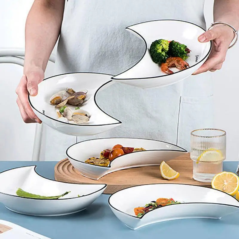5-Piece Moon-Shaped Ceramic Dinner Plate Set – Elegant Serving Dishes