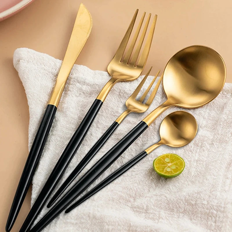 24-Piece Black & Gold Stainless Steel Cutlery Set – Elegant & Durable