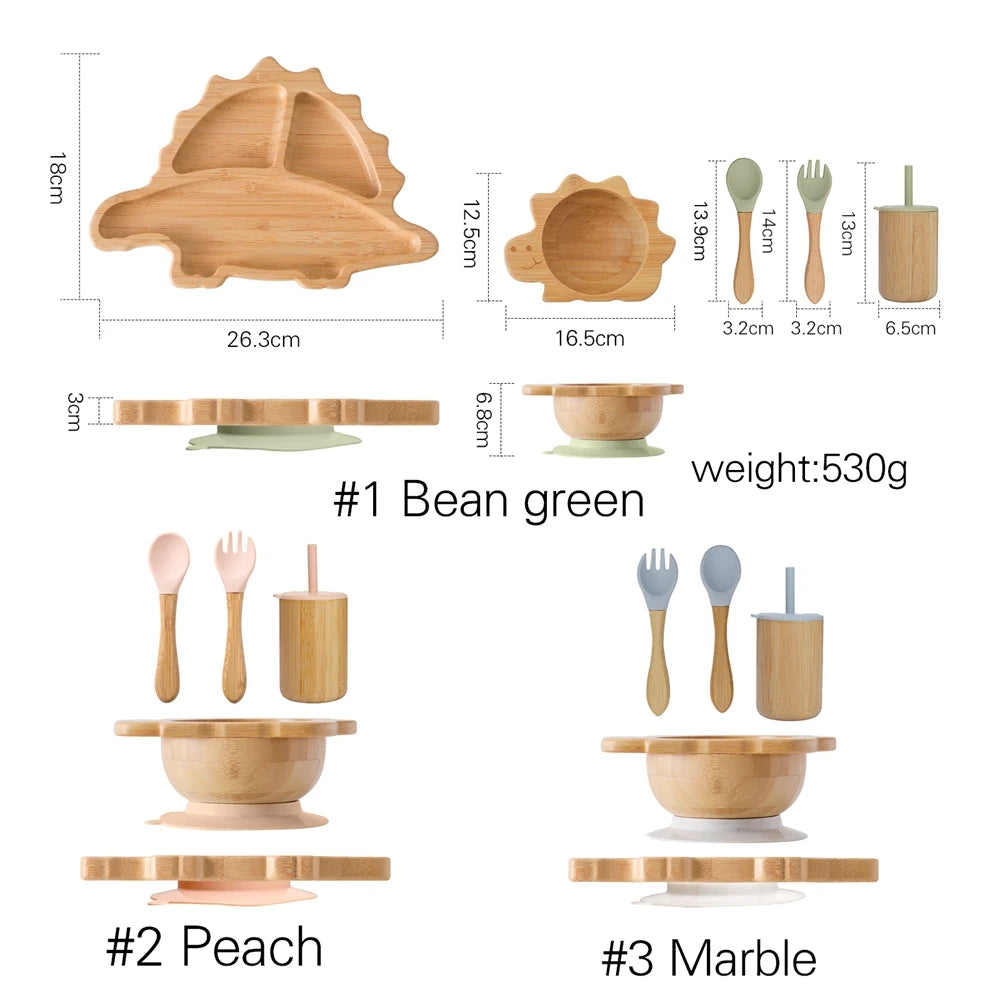 Bamboo Baby Feeding Tableware Set with Silicone Suction Cups – Kid-Friendly Dinosaur Dinner Plate, Bowl, Fork, Spoon, and Cup