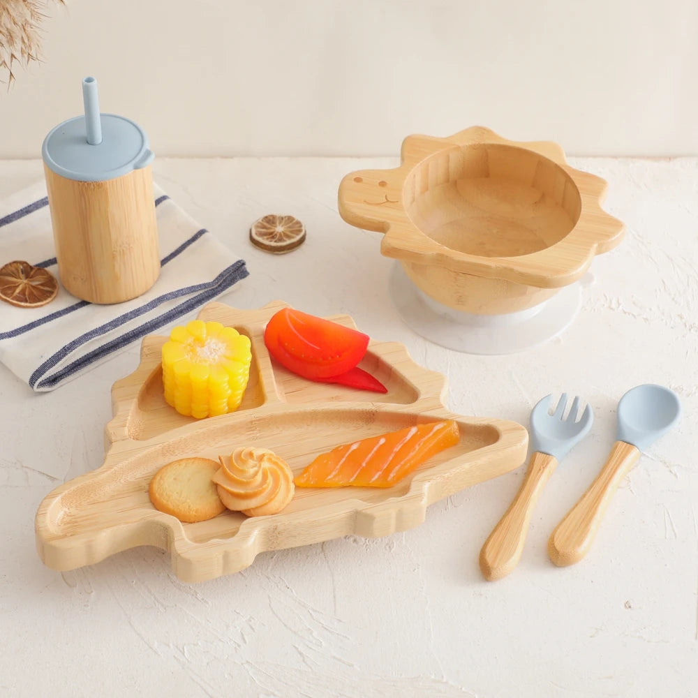 Bamboo Baby Feeding Tableware Set with Silicone Suction Cups – Kid-Friendly Dinosaur Dinner Plate, Bowl, Fork, Spoon, and Cup
