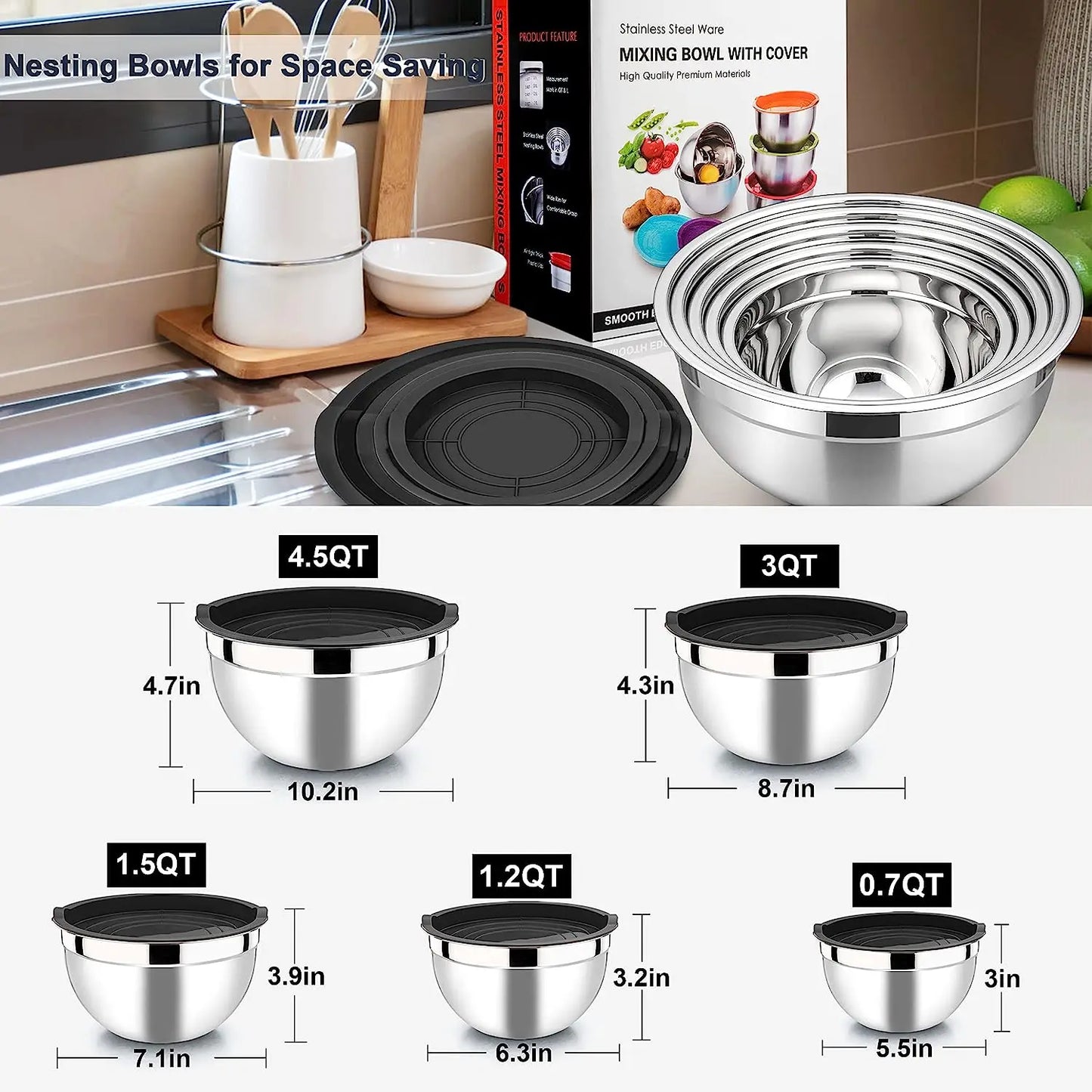 5-Piece Stainless Steel Mixing Bowl Set with Airtight Lids | Heavy-Duty Nesting Bowls for Baking and Serving