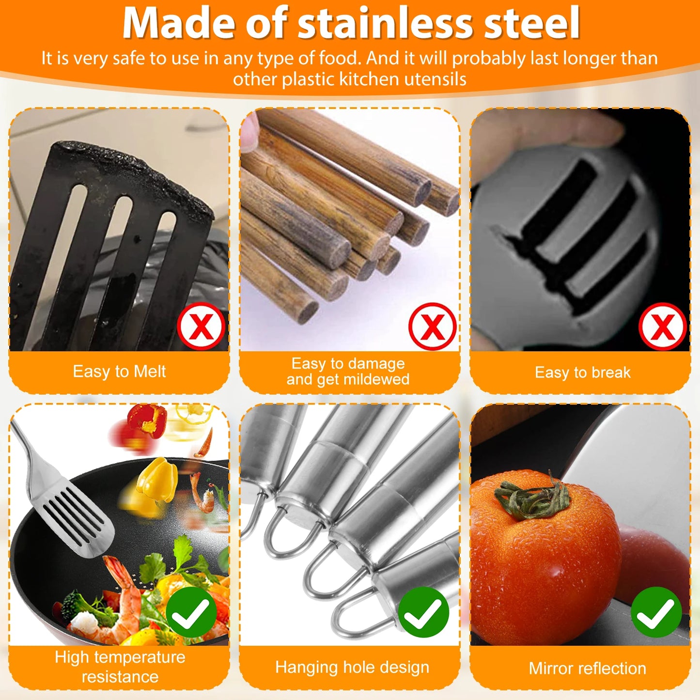 5-Piece Stainless Steel Kitchen Cooking Utensils Set | Heavy-Duty Reusable Spoons, Spatula, and Strainer