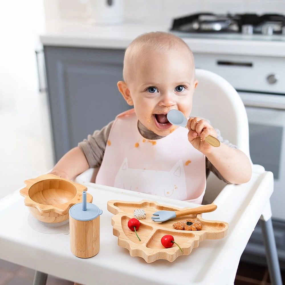 Bamboo Baby Feeding Tableware Set with Silicone Suction Cups – Kid-Friendly Dinosaur Dinner Plate, Bowl, Fork, Spoon, and Cup