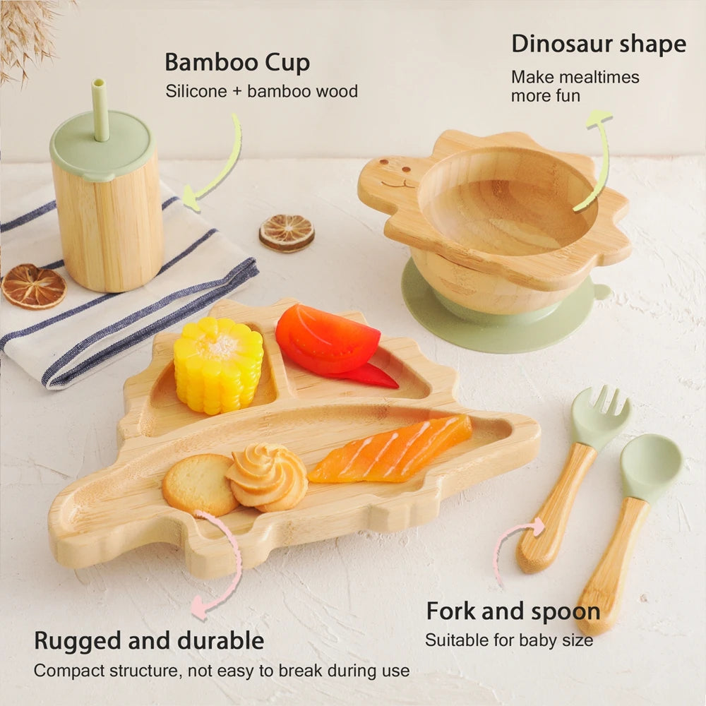 Bamboo Baby Feeding Tableware Set with Silicone Suction Cups – Kid-Friendly Dinosaur Dinner Plate, Bowl, Fork, Spoon, and Cup
