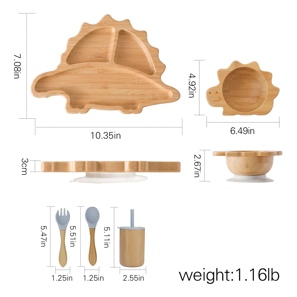 Bamboo Baby Feeding Tableware Set with Silicone Suction Cups – Kid-Friendly Dinosaur Dinner Plate, Bowl, Fork, Spoon, and Cup