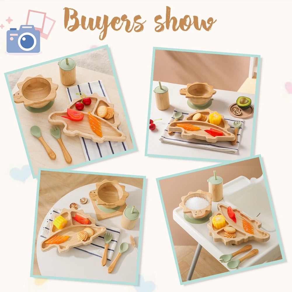 Bamboo Baby Feeding Tableware Set with Silicone Suction Cups – Kid-Friendly Dinosaur Dinner Plate, Bowl, Fork, Spoon, and Cup