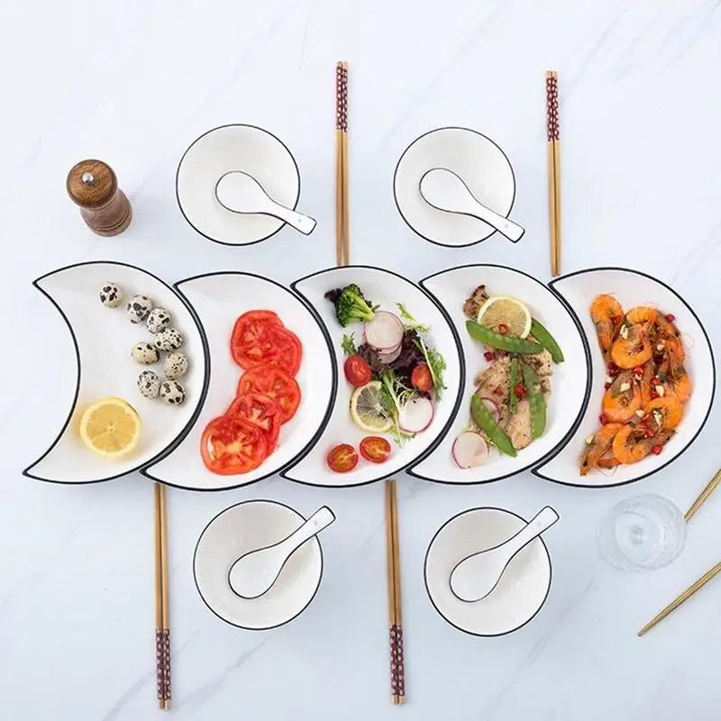 5-Piece Moon-Shaped Ceramic Dinner Plate Set – Elegant Serving Dishes