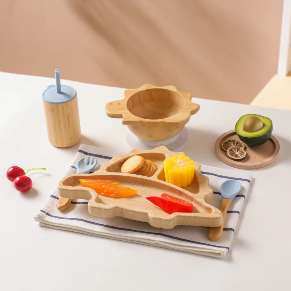 Bamboo Baby Feeding Tableware Set with Silicone Suction Cups – Kid-Friendly Dinosaur Dinner Plate, Bowl, Fork, Spoon, and Cup