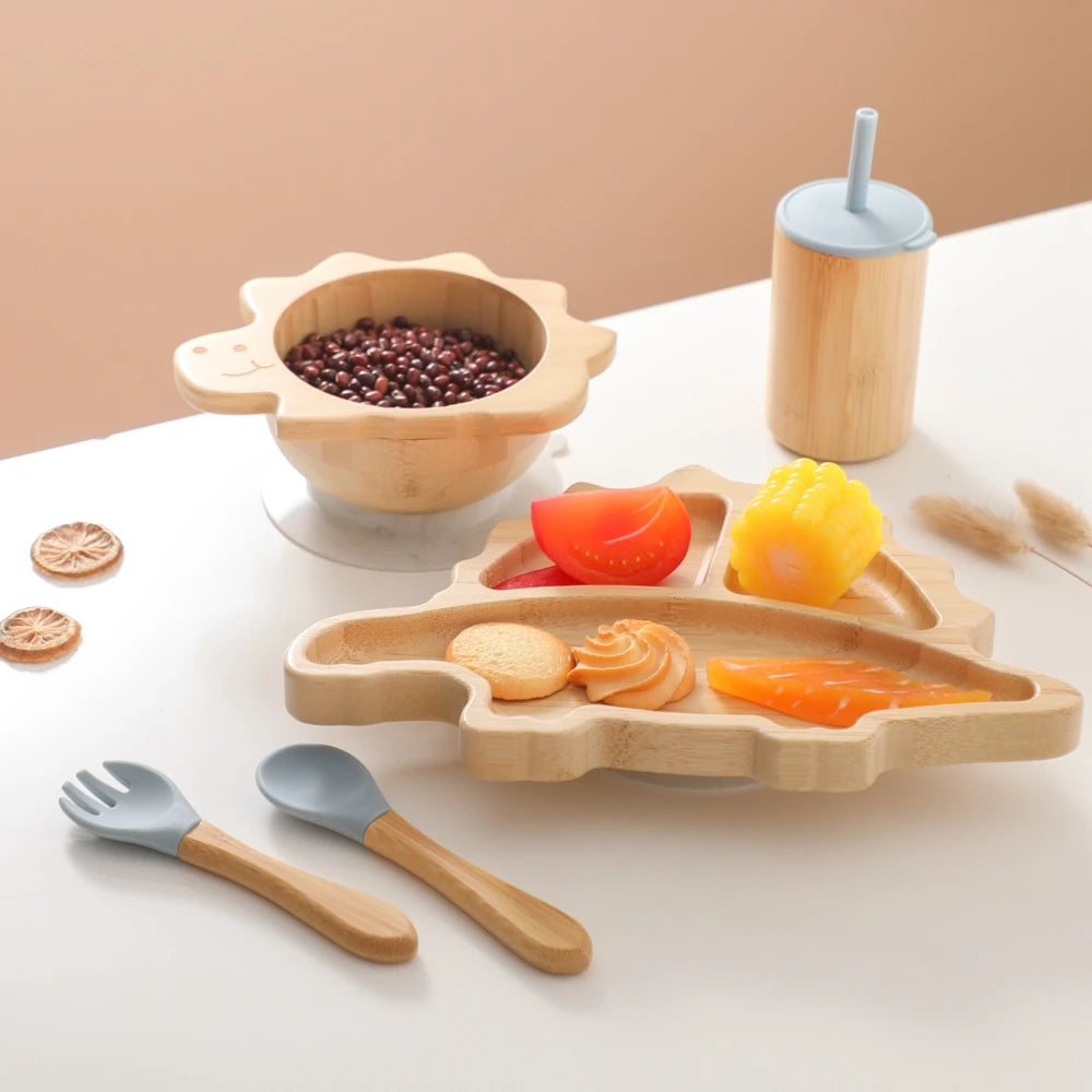 Bamboo Baby Feeding Tableware Set with Silicone Suction Cups – Kid-Friendly Dinosaur Dinner Plate, Bowl, Fork, Spoon, and Cup