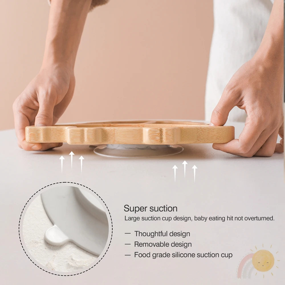 Bamboo Baby Feeding Tableware Set with Silicone Suction Cups – Kid-Friendly Dinosaur Dinner Plate, Bowl, Fork, Spoon, and Cup