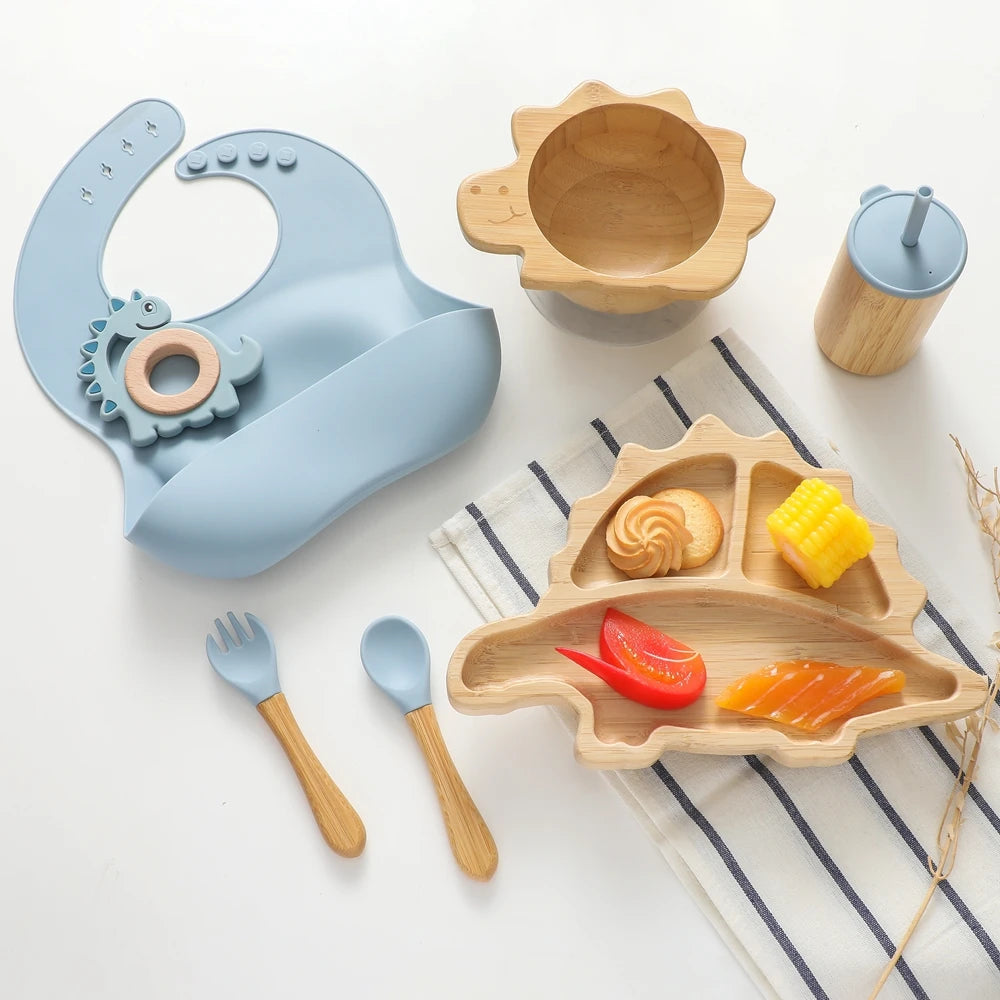 Bamboo Baby Feeding Tableware Set with Silicone Suction Cups – Kid-Friendly Dinosaur Dinner Plate, Bowl, Fork, Spoon, and Cup