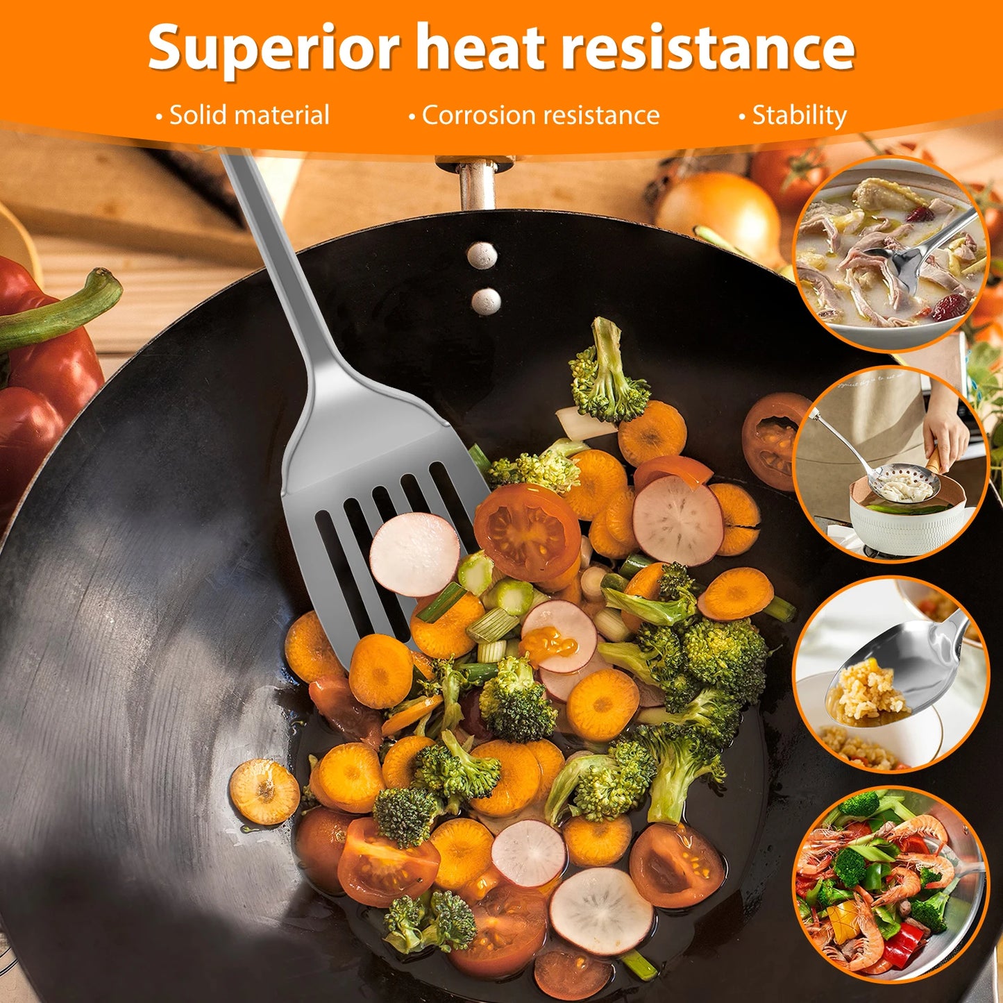 5-Piece Stainless Steel Kitchen Cooking Utensils Set | Heavy-Duty Reusable Spoons, Spatula, and Strainer