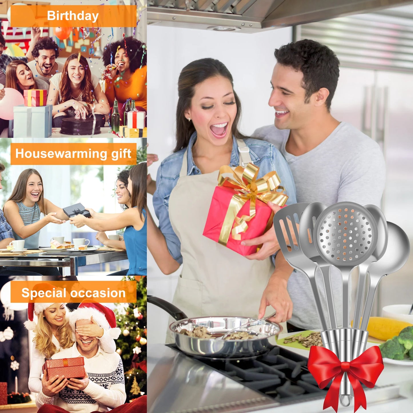 5-Piece Stainless Steel Kitchen Cooking Utensils Set | Heavy-Duty Reusable Spoons, Spatula, and Strainer