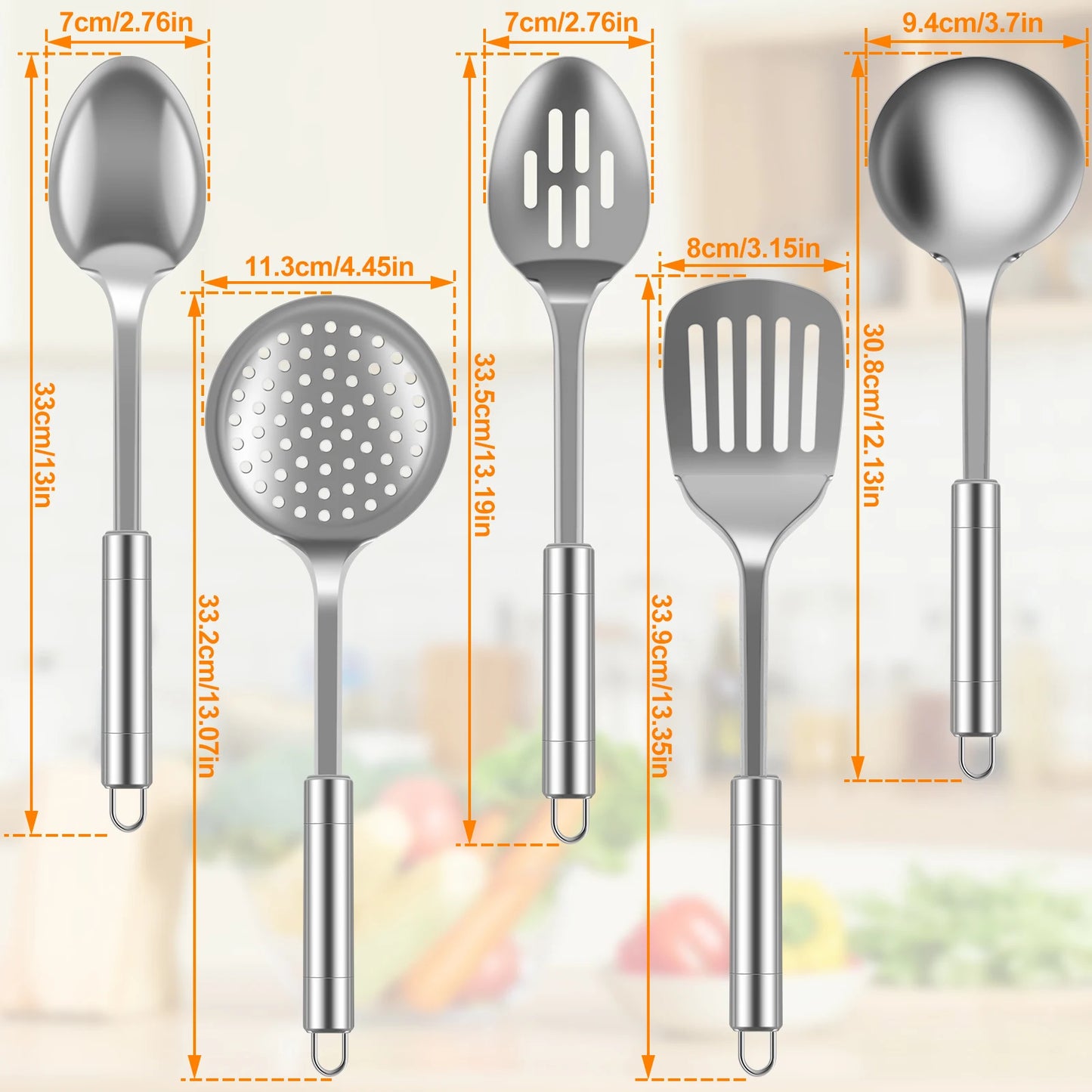 5-Piece Stainless Steel Kitchen Cooking Utensils Set | Heavy-Duty Reusable Spoons, Spatula, and Strainer