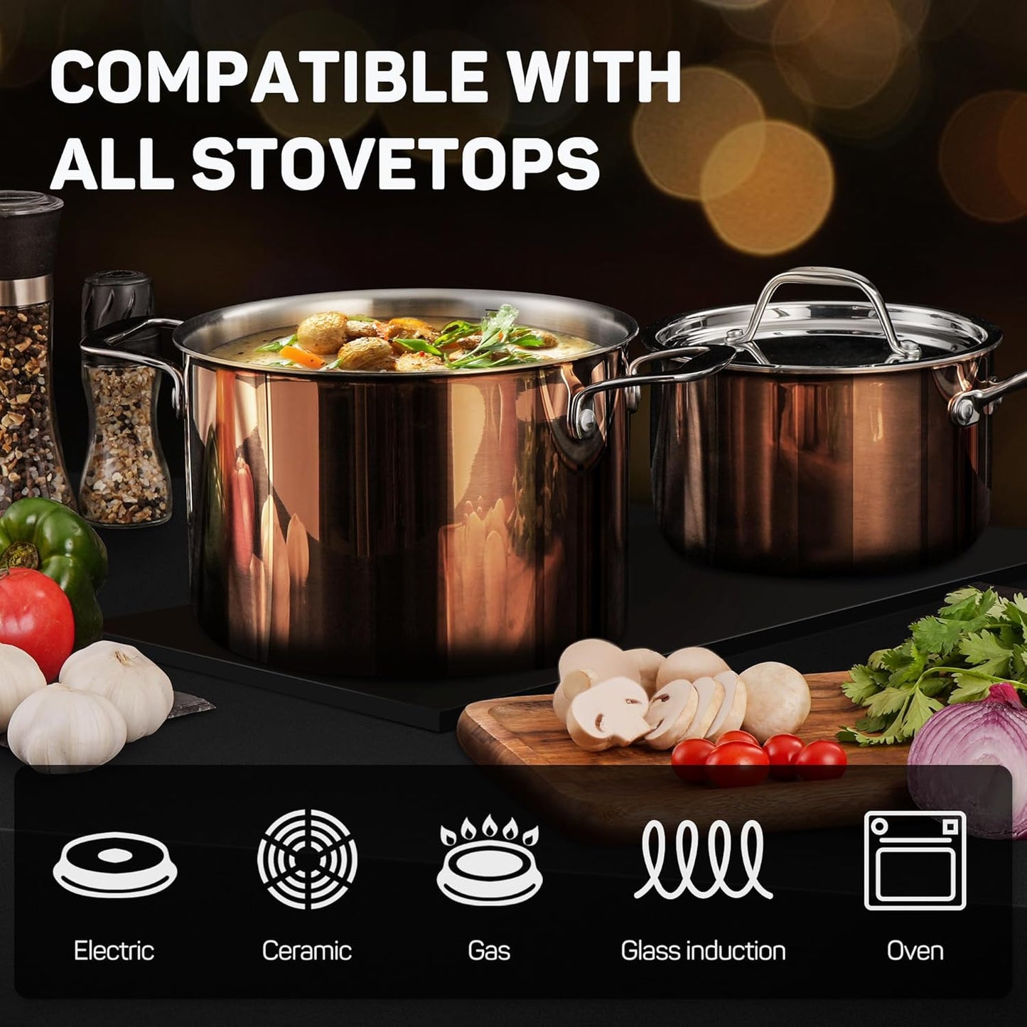 10-Piece Copper Tri-Ply Stainless Steel Cookware Set – Pots & Pans with Lids, Induction & Oven Safe