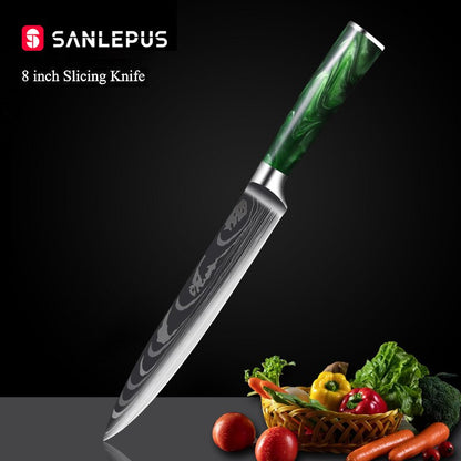 10-Piece Kitchen Knife Set Featuring Laser-Engraved Damascus Pattern, Sharp Japanese Blades