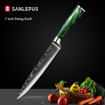 10-Piece Kitchen Knife Set Featuring Laser-Engraved Damascus Pattern, Sharp Japanese Blades