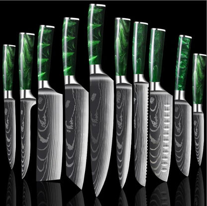 10-Piece Kitchen Knife Set Featuring Laser-Engraved Damascus Pattern, Sharp Japanese Blades