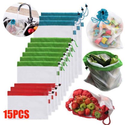 15pcs Reusable Mesh Produce Bags for Grocery, Storage & More