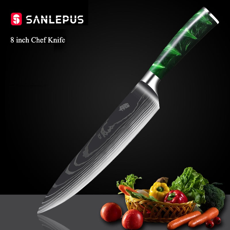 10-Piece Kitchen Knife Set Featuring Laser-Engraved Damascus Pattern, Sharp Japanese Blades