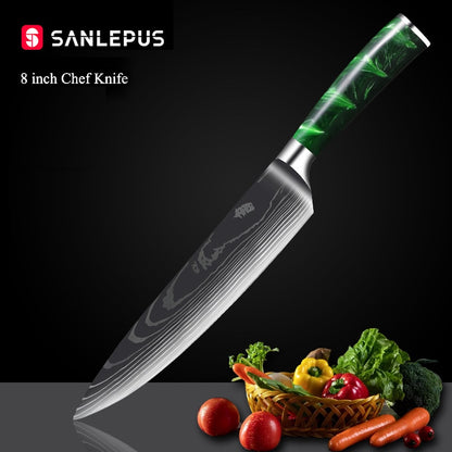 10-Piece Kitchen Knife Set Featuring Laser-Engraved Damascus Pattern, Sharp Japanese Blades