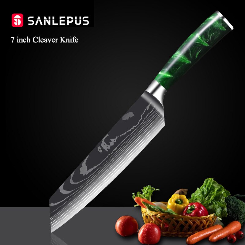 10-Piece Kitchen Knife Set Featuring Laser-Engraved Damascus Pattern, Sharp Japanese Blades