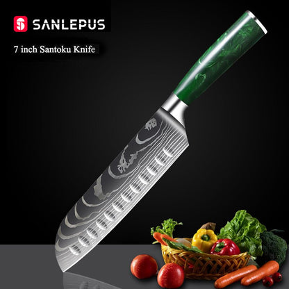 10-Piece Kitchen Knife Set Featuring Laser-Engraved Damascus Pattern, Sharp Japanese Blades