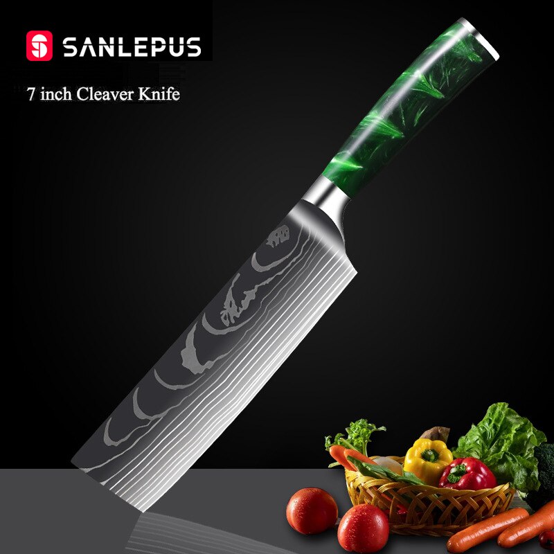 10-Piece Kitchen Knife Set Featuring Laser-Engraved Damascus Pattern, Sharp Japanese Blades