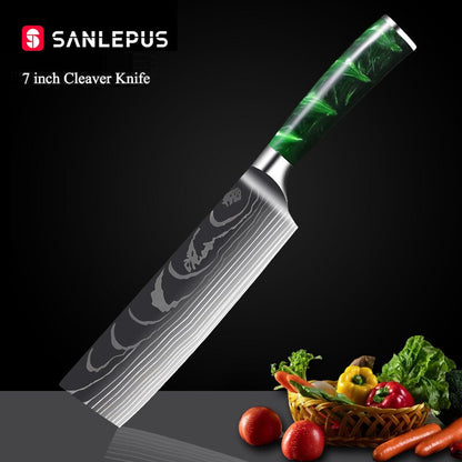 10-Piece Kitchen Knife Set Featuring Laser-Engraved Damascus Pattern, Sharp Japanese Blades