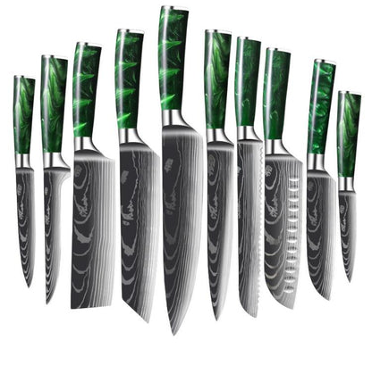 10-Piece Kitchen Knife Set Featuring Laser-Engraved Damascus Pattern, Sharp Japanese Blades