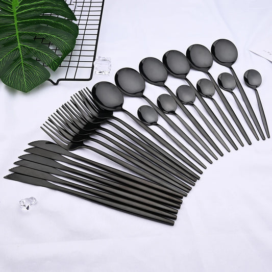 24-Piece Black Stainless Steel Western Dinnerware Set – Modern Flatware Collection